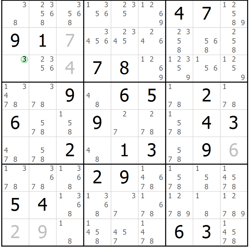 Position des candidats pour la solution de la Gr 72 page 75 du magazine de sudoku Virtuose n° 104