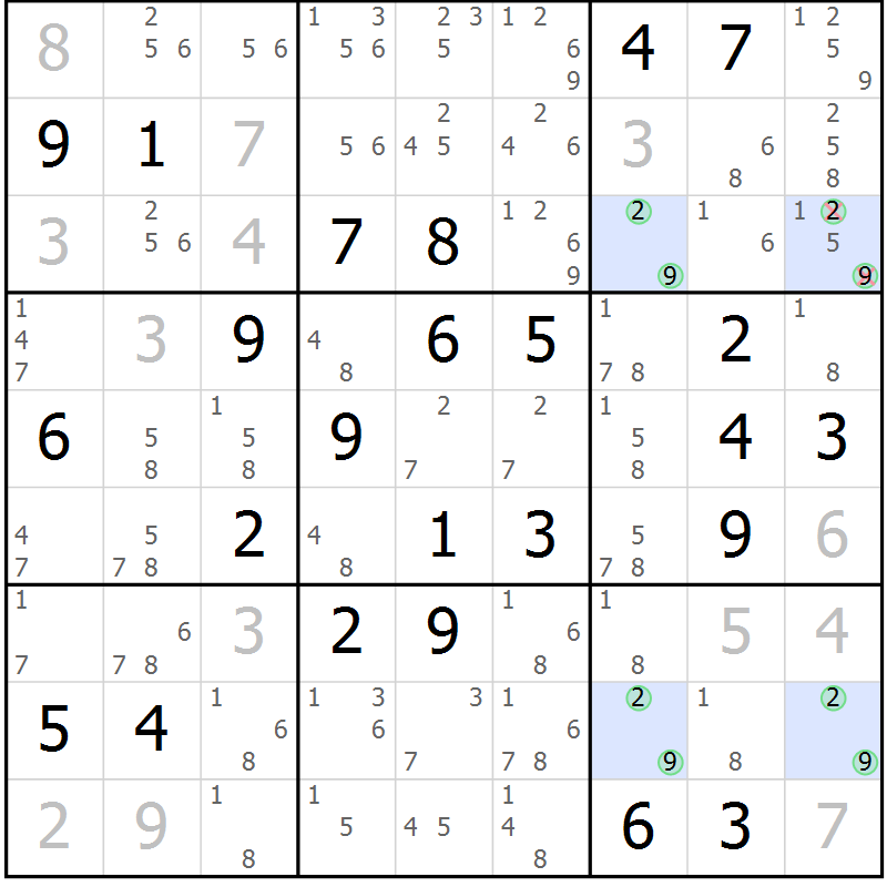 Position des candidats pour la solution de la Gr 72 page 75 du magazine de sudoku Virtuose n° 104