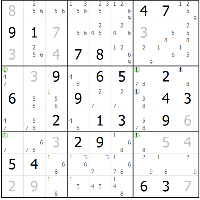 Position des candidats pour la solution de la Gr 72 page 75 du magazine de sudoku Virtuose n° 104