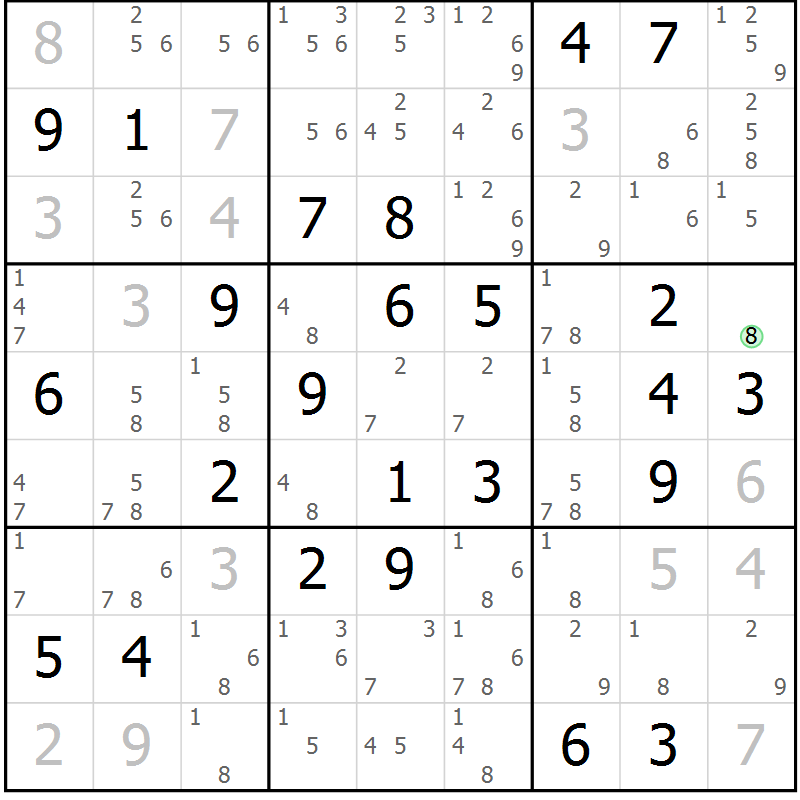 Position des candidats pour la solution de la Gr 72 page 75 du magazine de sudoku Virtuose n° 104