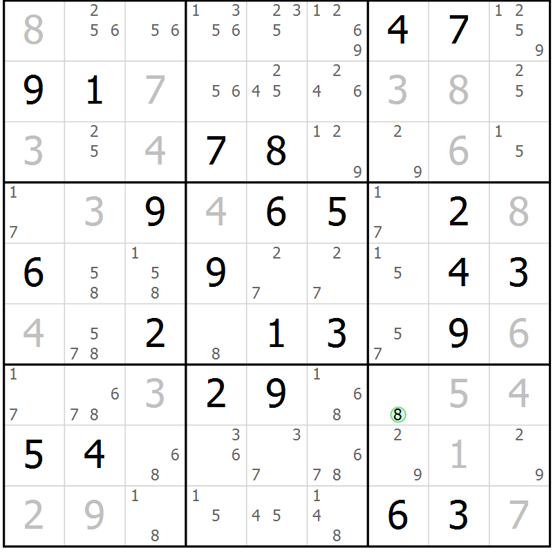 Position des candidats pour la solution de la Gr 72 page 75 du magazine de sudoku Virtuose n° 104