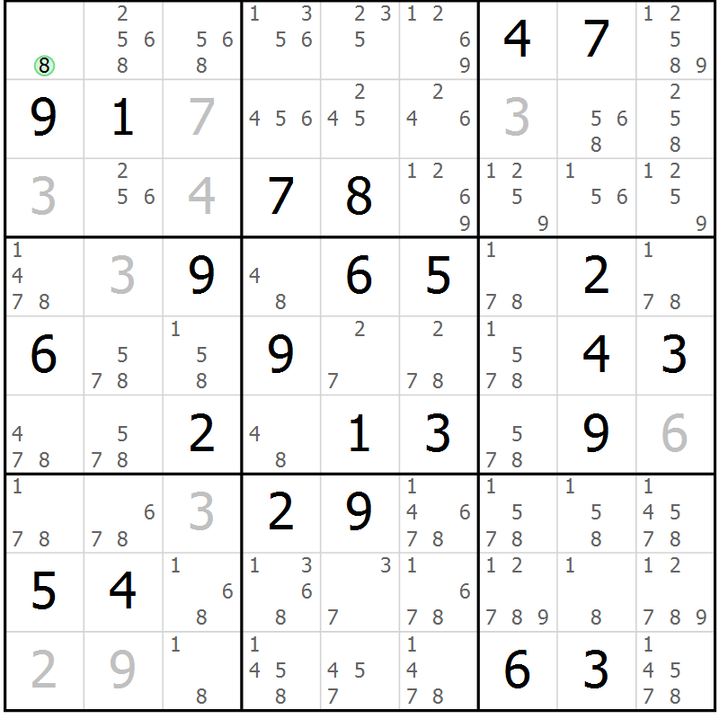 Position des candidats pour la solution de la Gr 72 page 75 du magazine de sudoku Virtuose n° 104