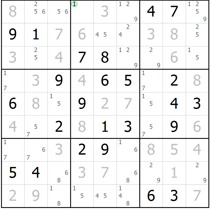 Position des candidats pour la solution de la Gr 72 page 75 du magazine de sudoku Virtuose n° 104