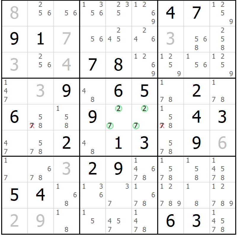 Position des candidats pour la solution de la Gr 72 page 75 du magazine de sudoku Virtuose n° 104