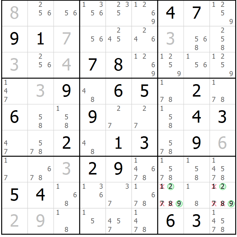 Position des candidats pour la solution de la Gr 72 page 75 du magazine de sudoku Virtuose n° 104