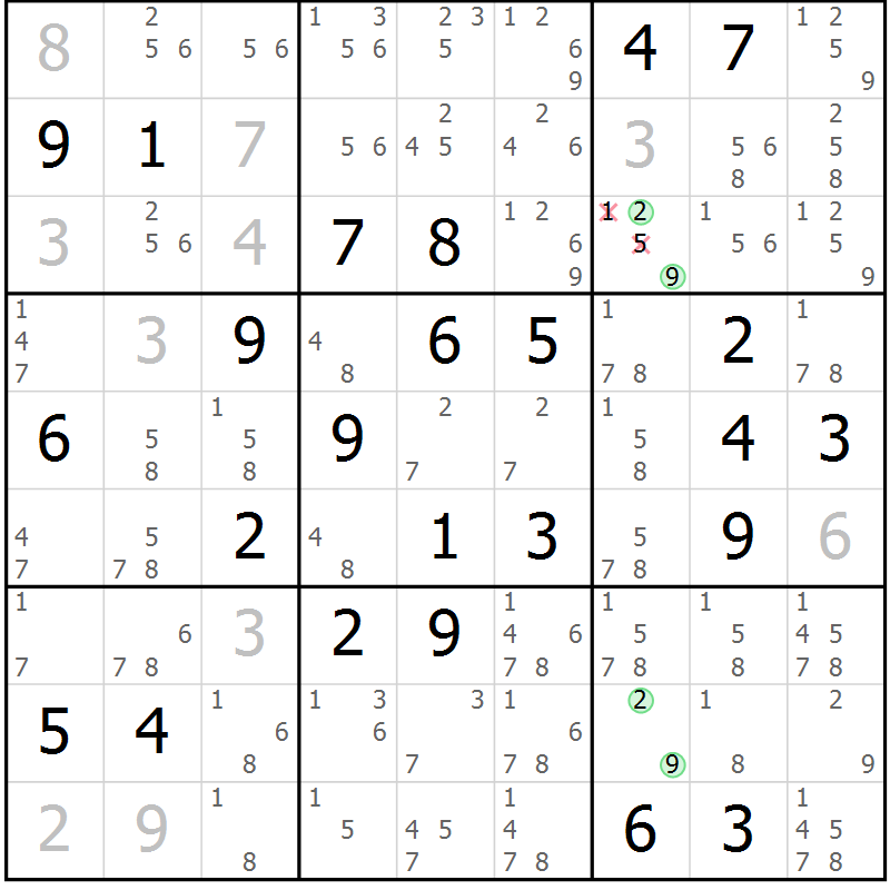Position des candidats pour la solution de la Gr 72 page 75 du magazine de sudoku Virtuose n° 104