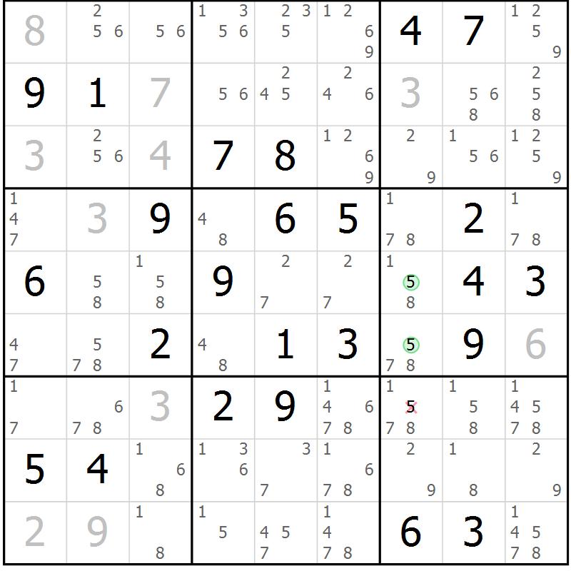 Position des candidats pour la solution de la Gr 72 page 75 du magazine de sudoku Virtuose n° 104