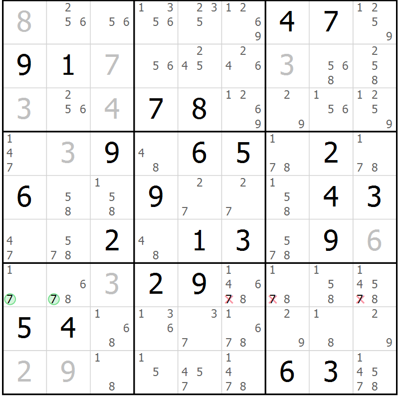 Position des candidats pour la solution de la Gr 72 page 75 du magazine de sudoku Virtuose n° 104