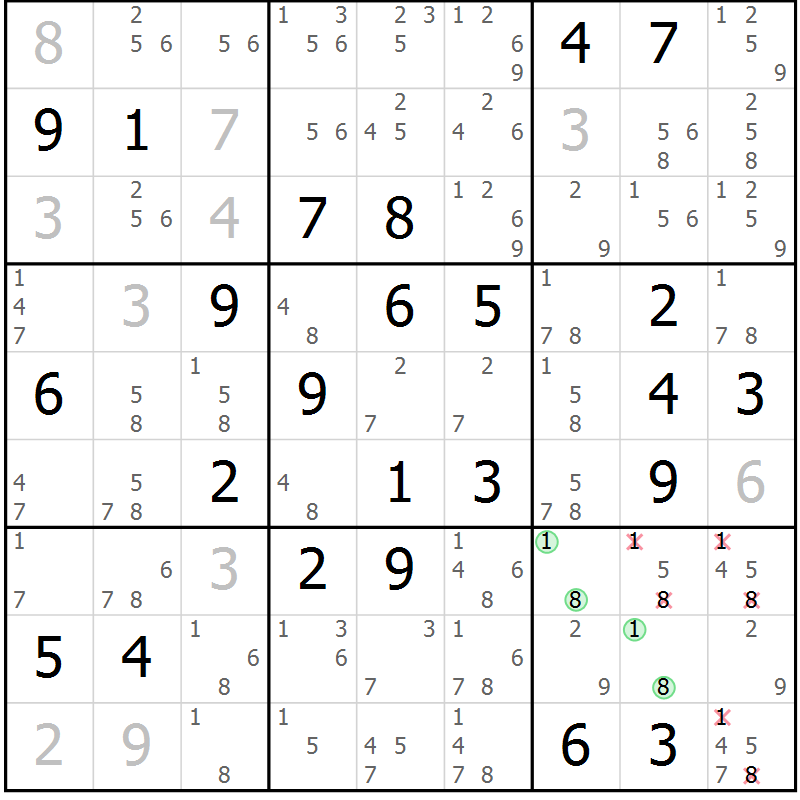 Position des candidats pour la solution de la Gr 72 page 75 du magazine de sudoku Virtuose n° 104