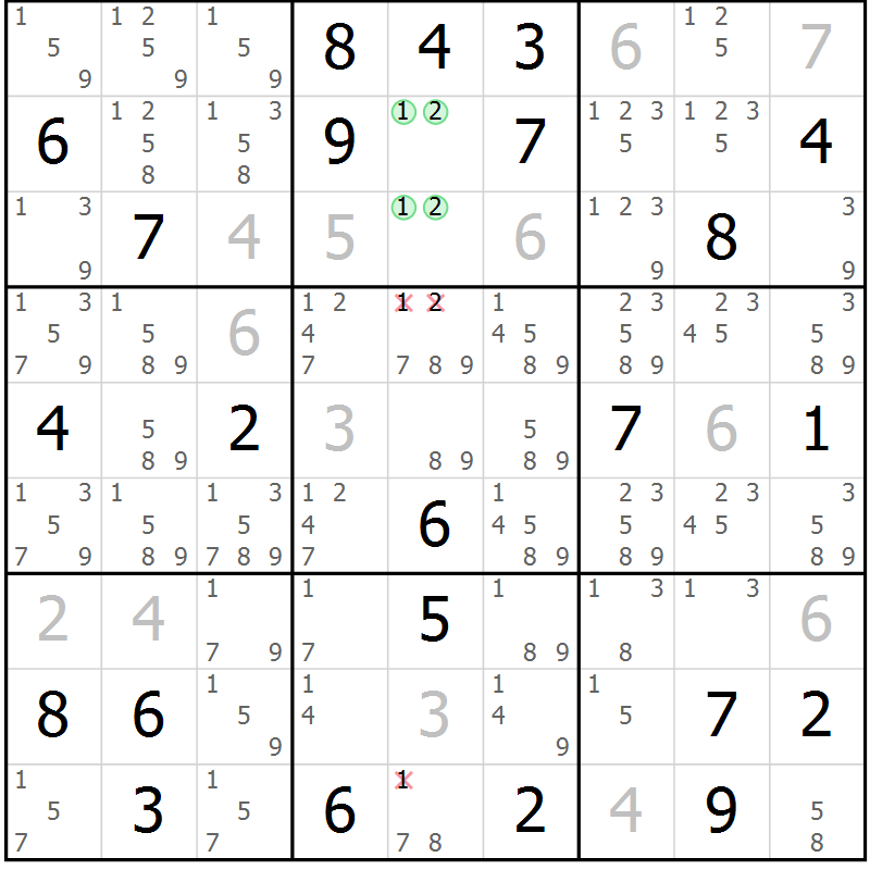 Position des candidats pour la solution de la Gr 73 page 76 du magazine de sudoku Virtuose n° 104