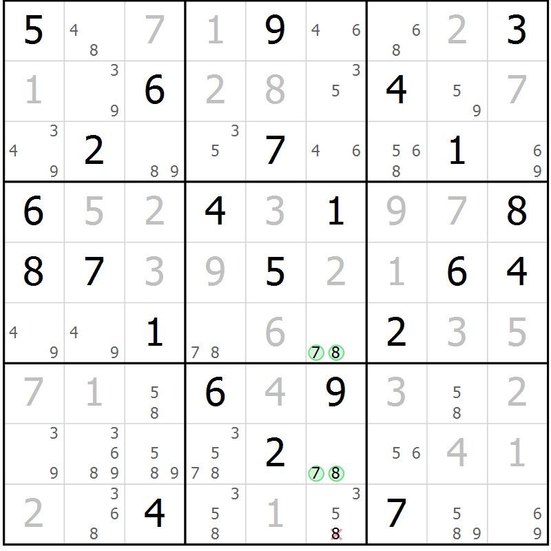 Position des candidats pour la solution de la Gr 74 page 77 du magazine de sudoku Virtuose n° 104