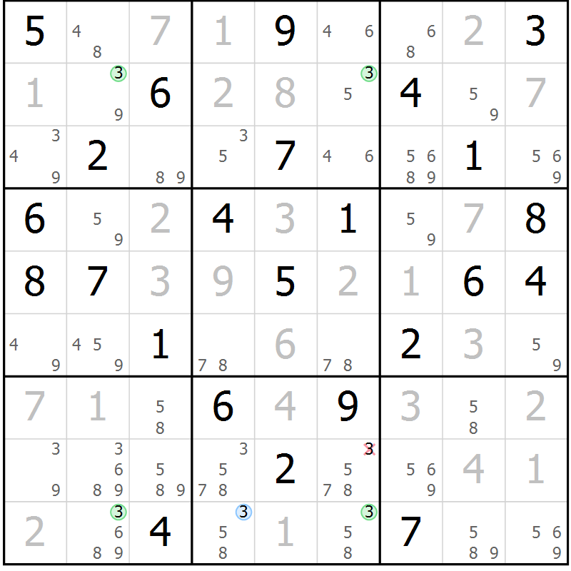 Position des candidats pour la solution de la Gr 74 page 77 du magazine de sudoku Virtuose n° 104