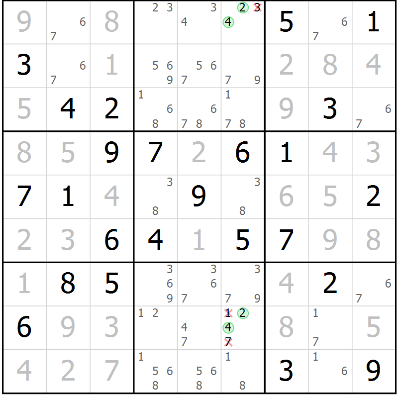 Position des candidats pour la solution de la Gr 75 page 78 du magazine de sudoku Virtuose n° 104