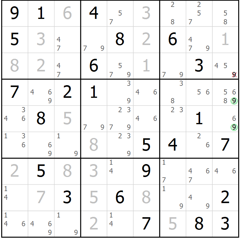 Position des candidats pour la solution de la Gr 76 page 79 du magazine de sudoku Virtuose n° 104