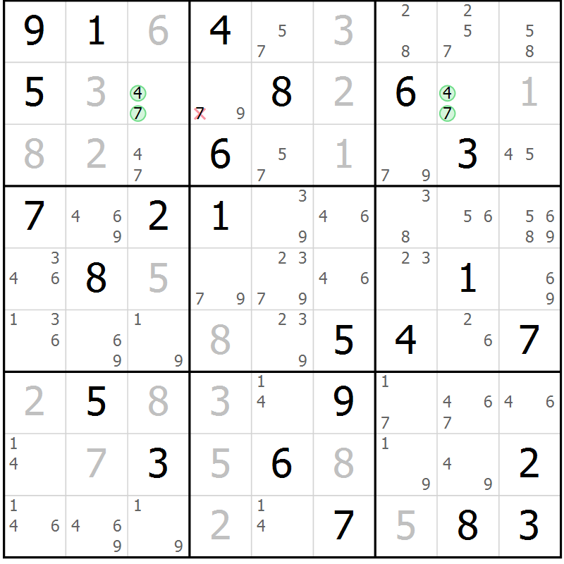Position des candidats pour la solution de la Gr 76 page 79 du magazine de sudoku Virtuose n° 104