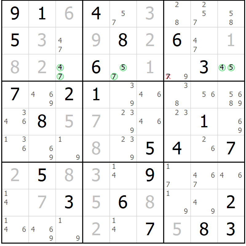 Position des candidats pour la solution de la Gr 76 page 79 du magazine de sudoku Virtuose n° 104