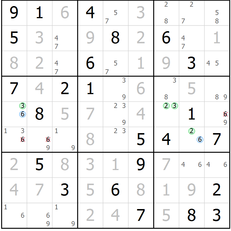 Position des candidats pour la solution de la Gr 76 page 79 du magazine de sudoku Virtuose n° 104