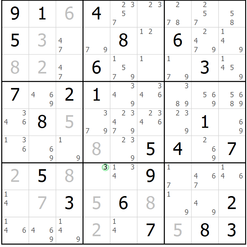 Position des candidats pour la solution de la Gr 76 page 79 du magazine de sudoku Virtuose n° 104