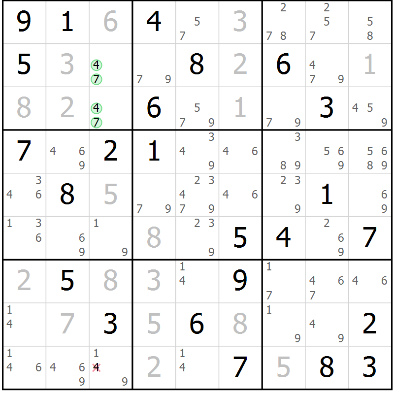 Position des candidats pour la solution de la Gr 76 page 79 du magazine de sudoku Virtuose n° 104