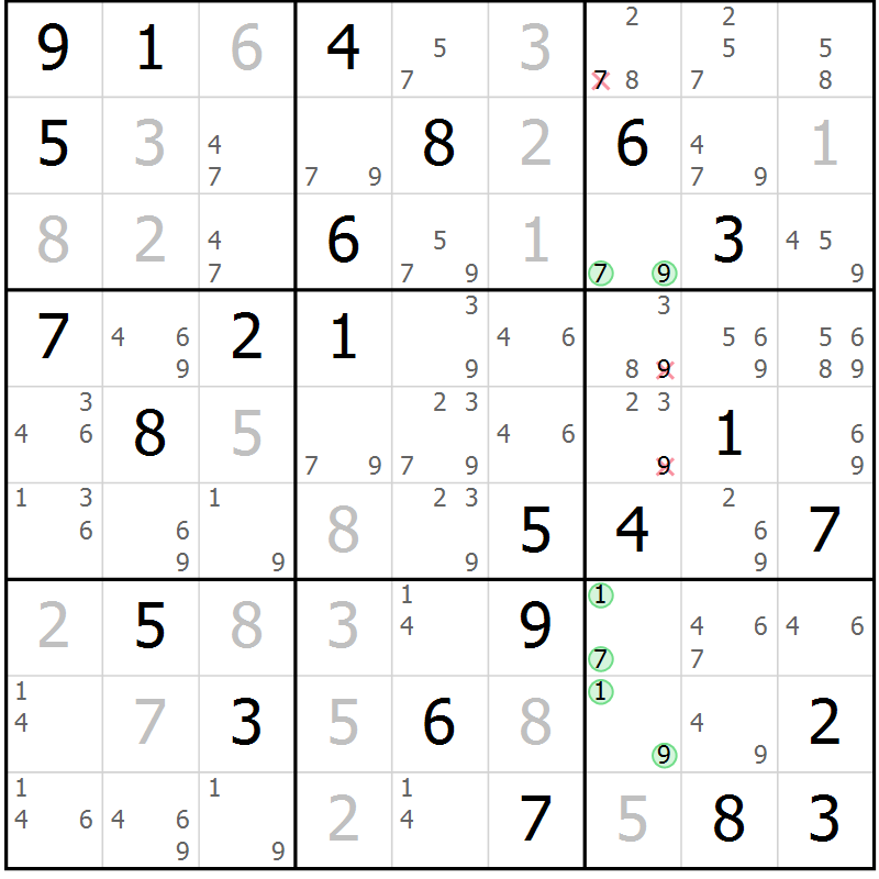 Position des candidats pour la solution de la Gr 76 page 79 du magazine de sudoku Virtuose n° 104