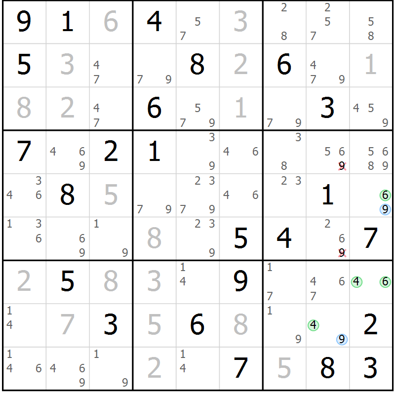 Position des candidats pour la solution de la Gr 76 page 79 du magazine de sudoku Virtuose n° 104