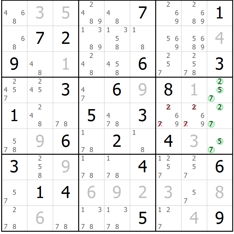 Position des candidats pour la solution de la Gr 77 page 80 du magazine de sudoku Virtuose n° 104