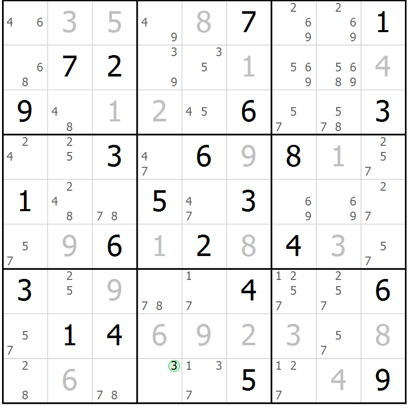 Position des candidats pour la solution de la Gr 77 page 80 du magazine de sudoku Virtuose n° 104