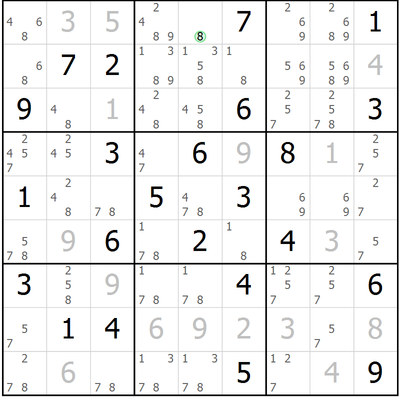 Position des candidats pour la solution de la Gr 77 page 80 du magazine de sudoku Virtuose n° 104