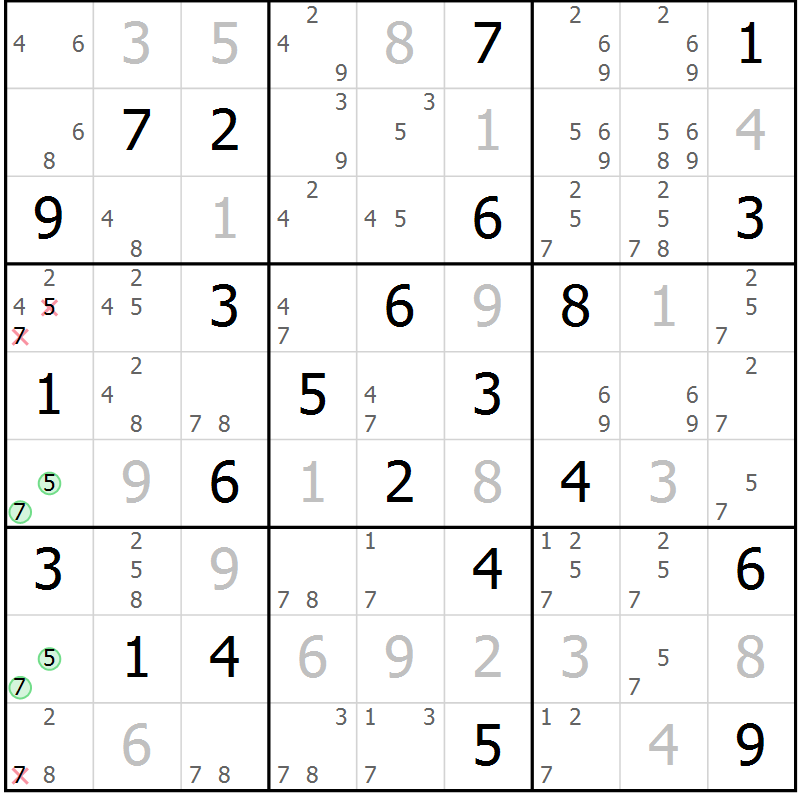 Position des candidats pour la solution de la Gr 77 page 80 du magazine de sudoku Virtuose n° 104