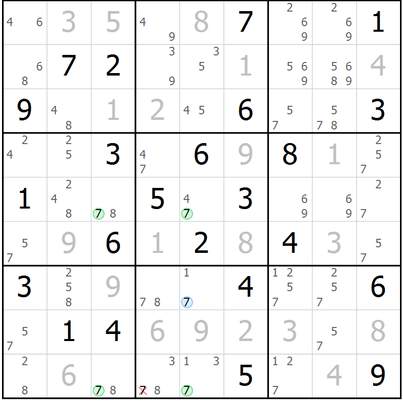 Position des candidats pour la solution de la Gr 77 page 80 du magazine de sudoku Virtuose n° 104