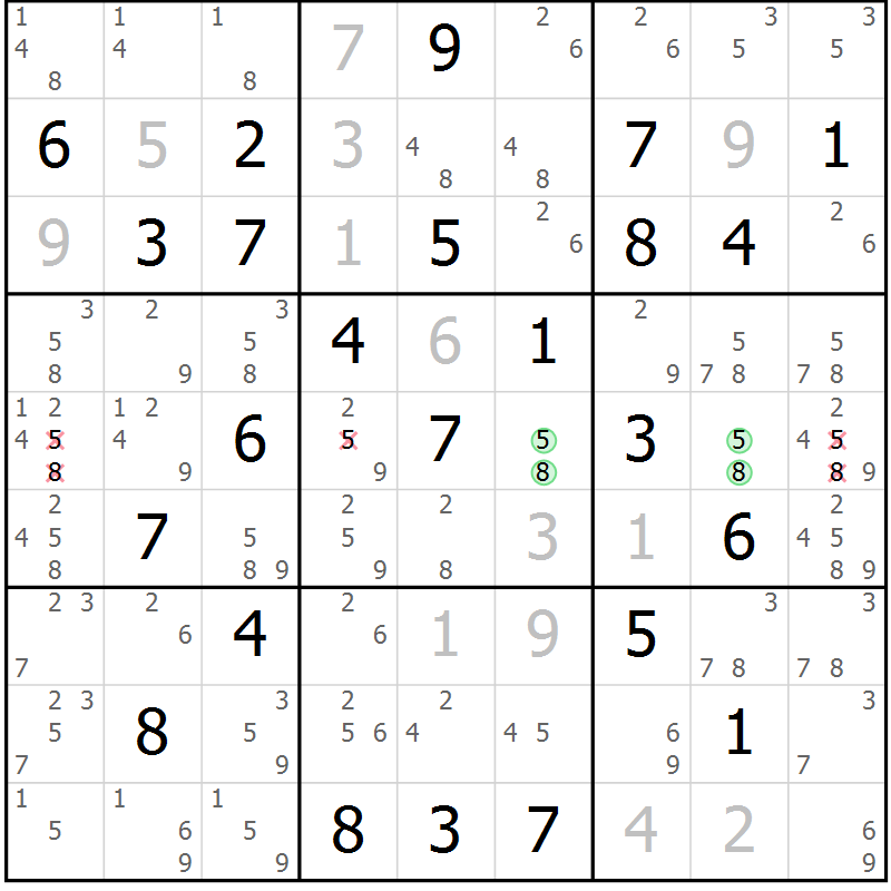 Position des candidats pour la solution de la Gr 79 page 82 du magazine de sudoku Virtuose n° 104