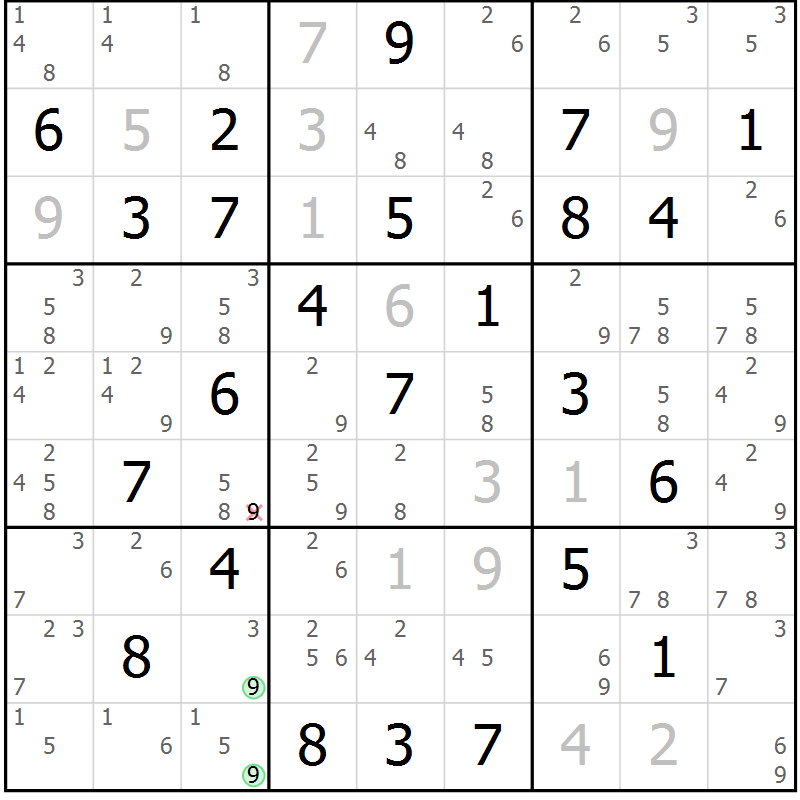 Position des candidats pour la solution de la Gr 79 page 82 du magazine de sudoku Virtuose n° 104