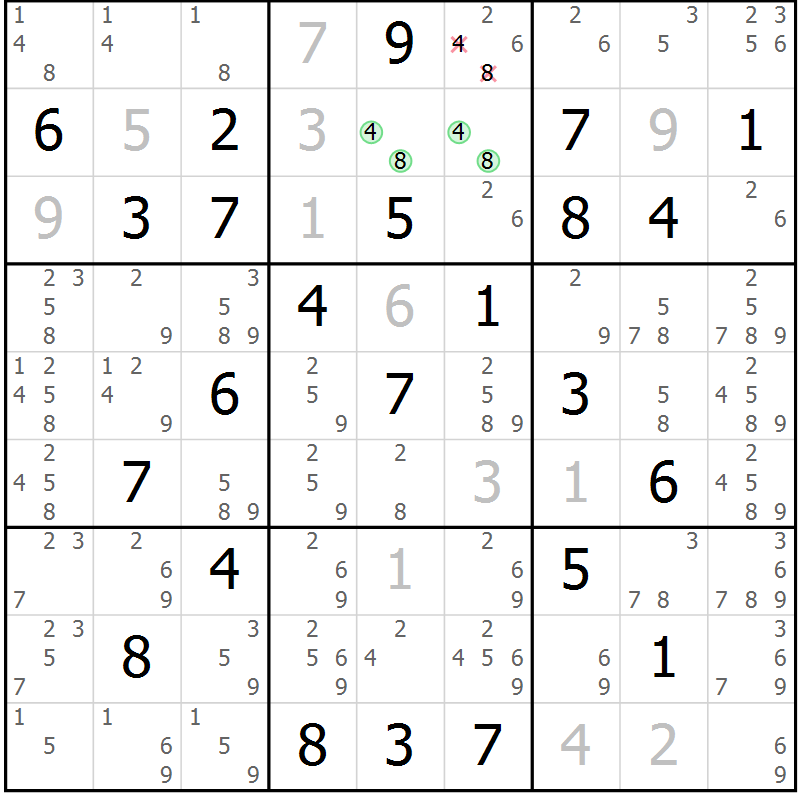 Position des candidats pour la solution de la Gr 79 page 82 du magazine de sudoku Virtuose n° 104