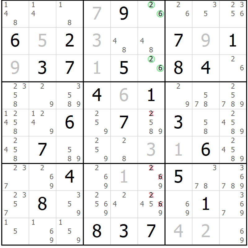 Position des candidats pour la solution de la Gr 79 page 82 du magazine de sudoku Virtuose n° 104