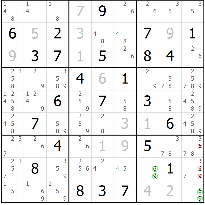 Position des candidats pour la solution de la Gr 79 page 82 du magazine de sudoku Virtuose n° 104