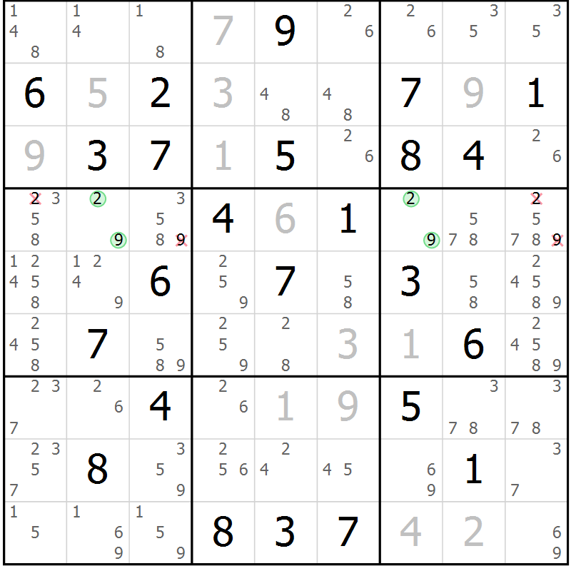 Position des candidats pour la solution de la Gr 79 page 82 du magazine de sudoku Virtuose n° 104
