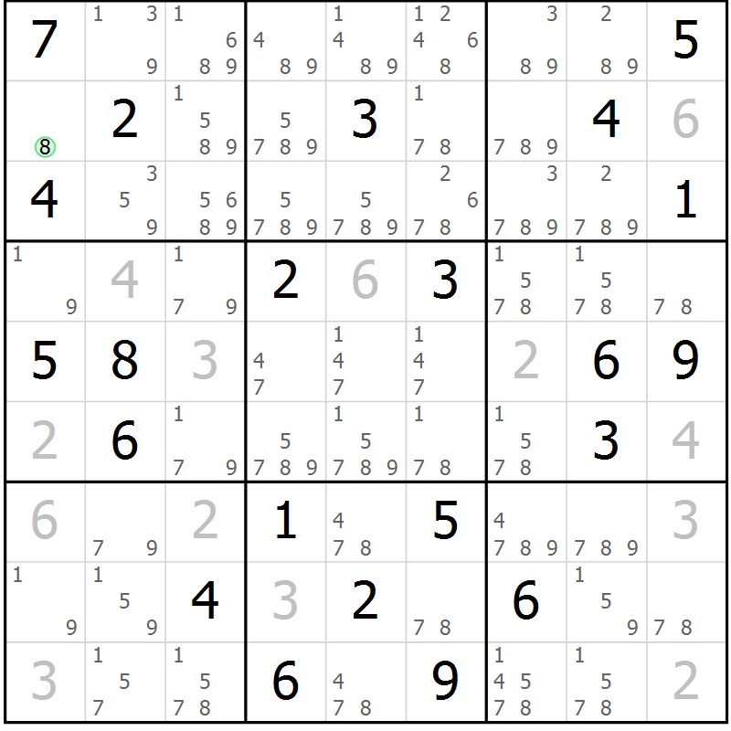 Position des candidats pour la solution de la Gr 8 page 11 du magazine de sudoku Virtuose n° 104