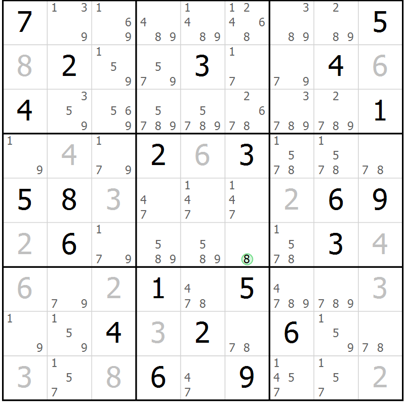 Position des candidats pour la solution de la Gr 8 page 11 du magazine de sudoku Virtuose n° 104