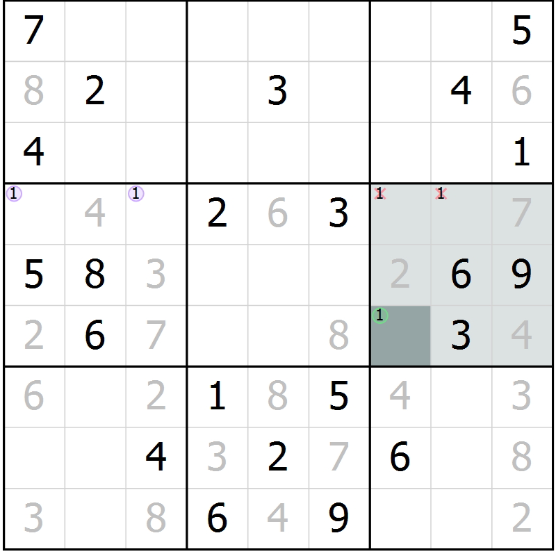 Position des candidats pour la solution de la Gr 8 page 11 du magazine de sudoku Virtuose n° 104
