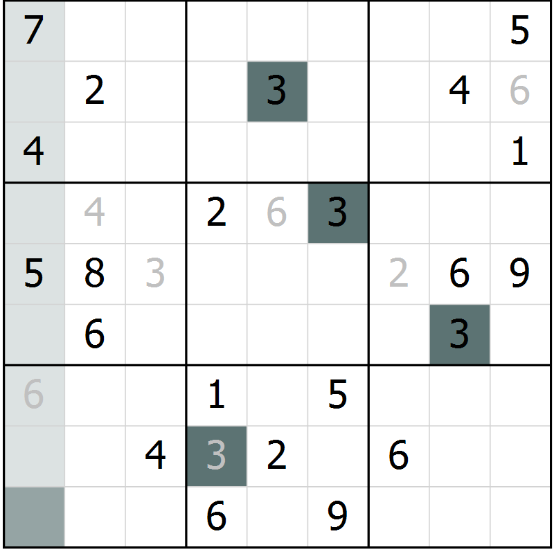 Position des candidats pour la solution de la Gr 8 page 11 du magazine de sudoku Virtuose n° 104