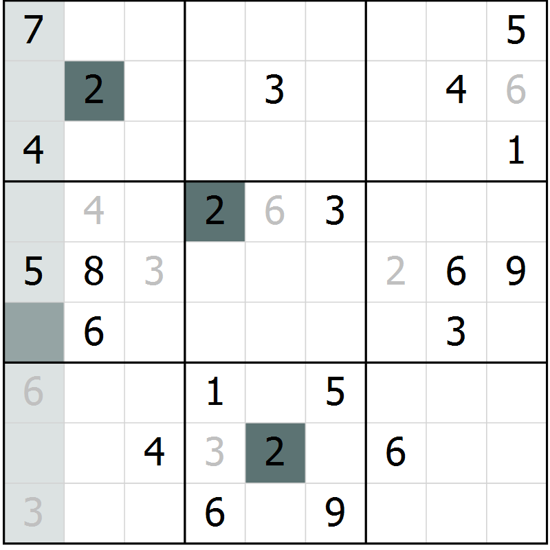 Position des candidats pour la solution de la Gr 8 page 11 du magazine de sudoku Virtuose n° 104