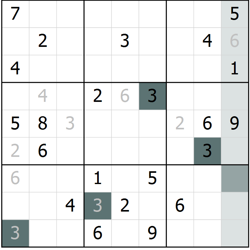 Position des candidats pour la solution de la Gr 8 page 11 du magazine de sudoku Virtuose n° 104
