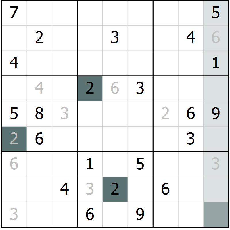 Position des candidats pour la solution de la Gr 8 page 11 du magazine de sudoku Virtuose n° 104