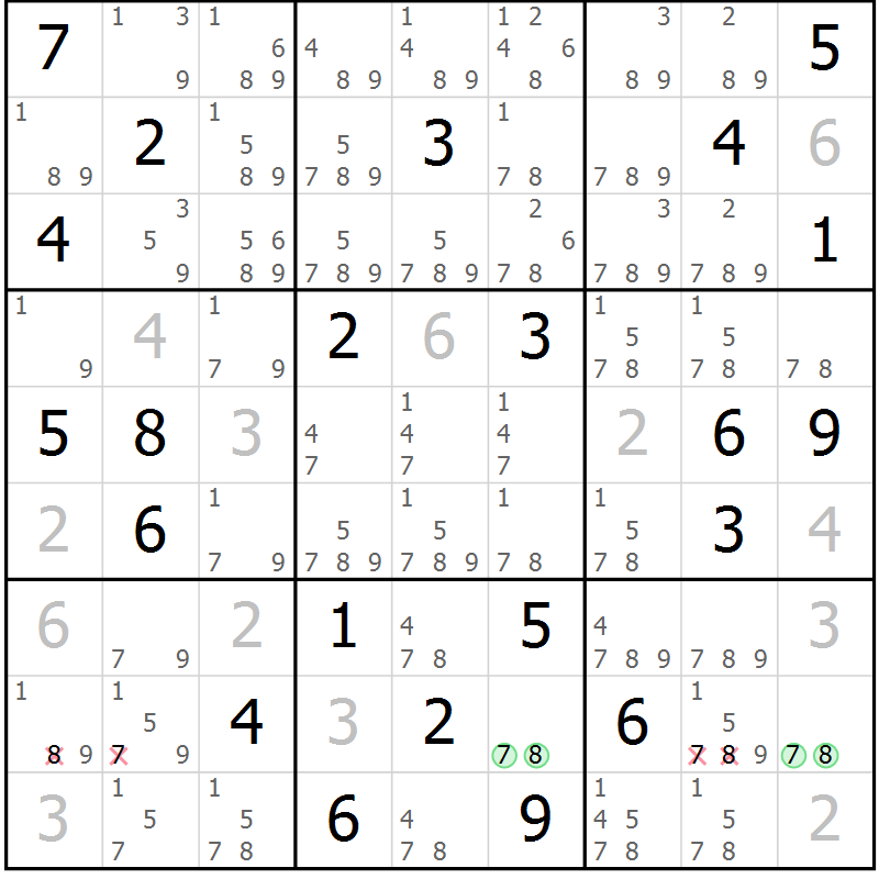 Position des candidats pour la solution de la Gr 8 page 11 du magazine de sudoku Virtuose n° 104