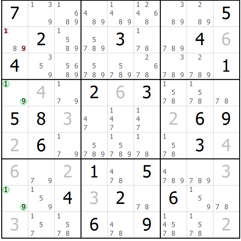 Position des candidats pour la solution de la Gr 8 page 11 du magazine de sudoku Virtuose n° 104