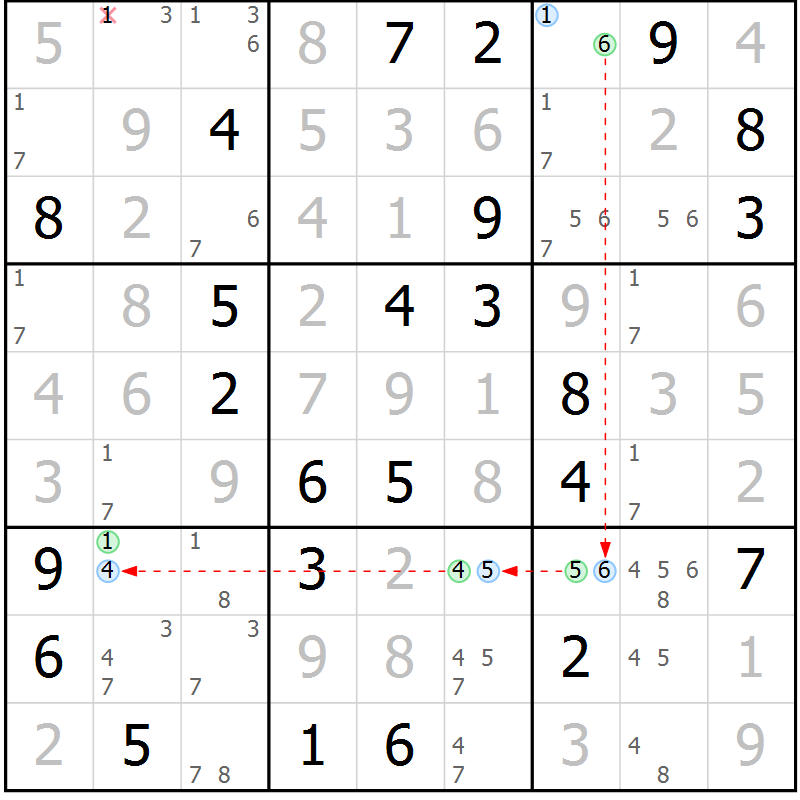 Position des candidats pour la solution de la Gr 80 page 83 du magazine de sudoku Virtuose n° 104