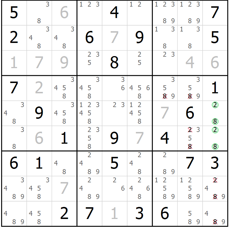 Position des candidats pour la solution de la Gr 81 page 84 du magazine de sudoku Virtuose n° 104