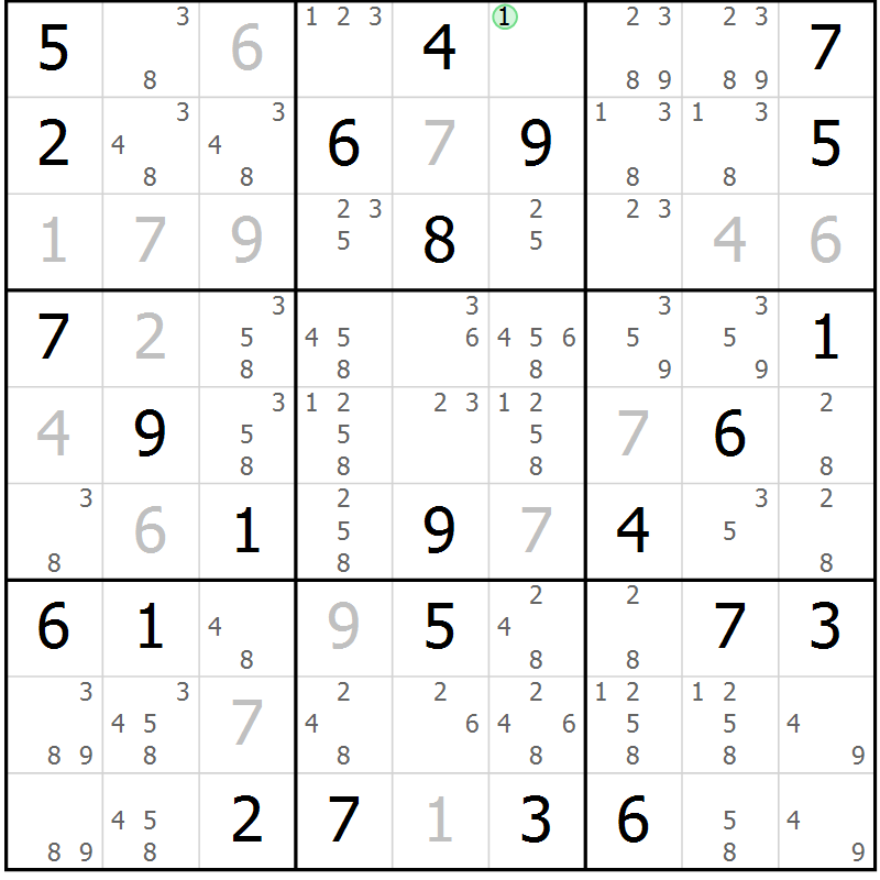 Position des candidats pour la solution de la Gr 81 page 84 du magazine de sudoku Virtuose n° 104