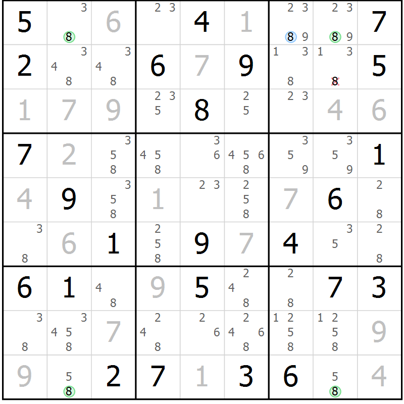 Position des candidats pour la solution de la Gr 81 page 84 du magazine de sudoku Virtuose n° 104
