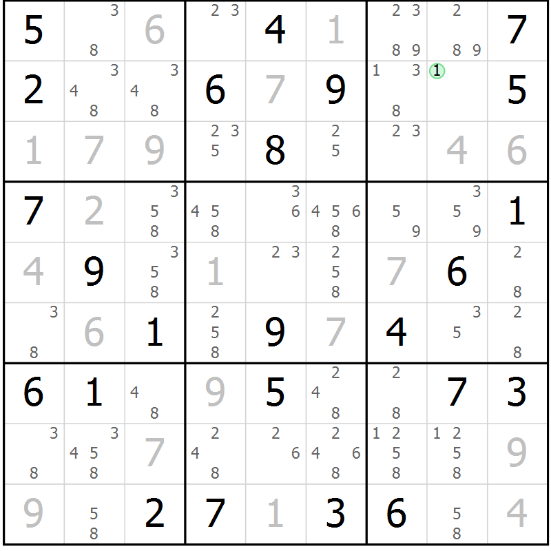 Position des candidats pour la solution de la Gr 81 page 84 du magazine de sudoku Virtuose n° 104